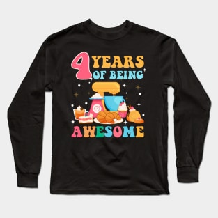 4 Years Of Being Awesome Tee 4th Baking Birthday Gift Leopard Girl Birthday Tee Baking Party Outfit Long Sleeve T-Shirt